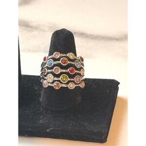 Multi Row Rainbow Crystal Statement Ring Silver Wide Band Size 8.25